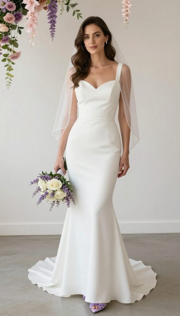 Woman in white mermaid wedding dress with sweetheart neckline, holding bouquet, wearing lilac flower-embellished heels, in pastel venue with floral installations.