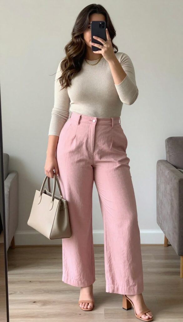 Plus-size woman in pink wide-leg pants and beige fitted top, taking a mirror selfie in a bright room, showcasing a casual yet polished outfit.