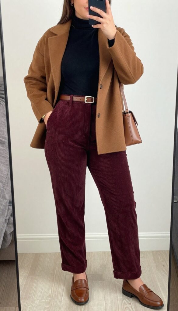 Woman in brown loafers, burgundy corduroy pants, cream turtleneck, and wool coat, holding a structured satchel, standing in an autumn setting.