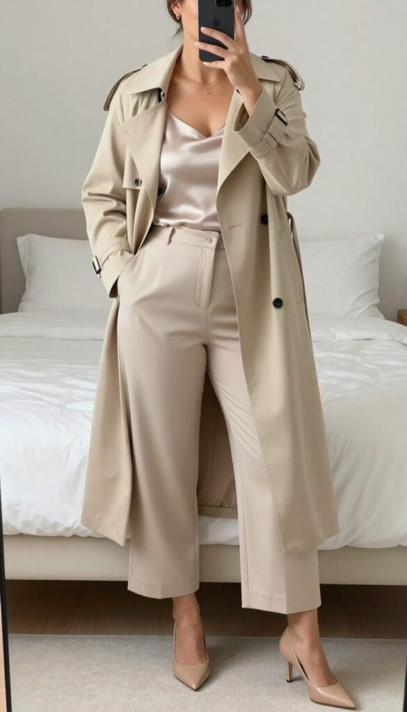 Petite woman in beige monochrome outfit: trench coat, silk camisole, wide-leg cropped pants, nude pumps, gold necklace, mirror selfie.