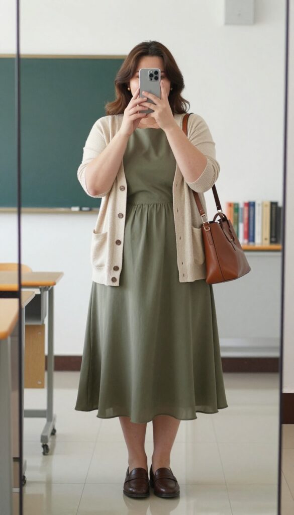 Plus-size woman in a flowy midi dress and structured cardigan taking a mirror selfie, with a tote bag and loafers, in a bright classroom setting.