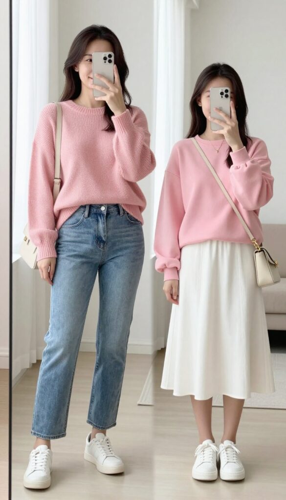 Mother and daughter taking a mirror selfie wearing matching blush pink tops with jeans and skirt, coordinated casual outfits in bright natural light.