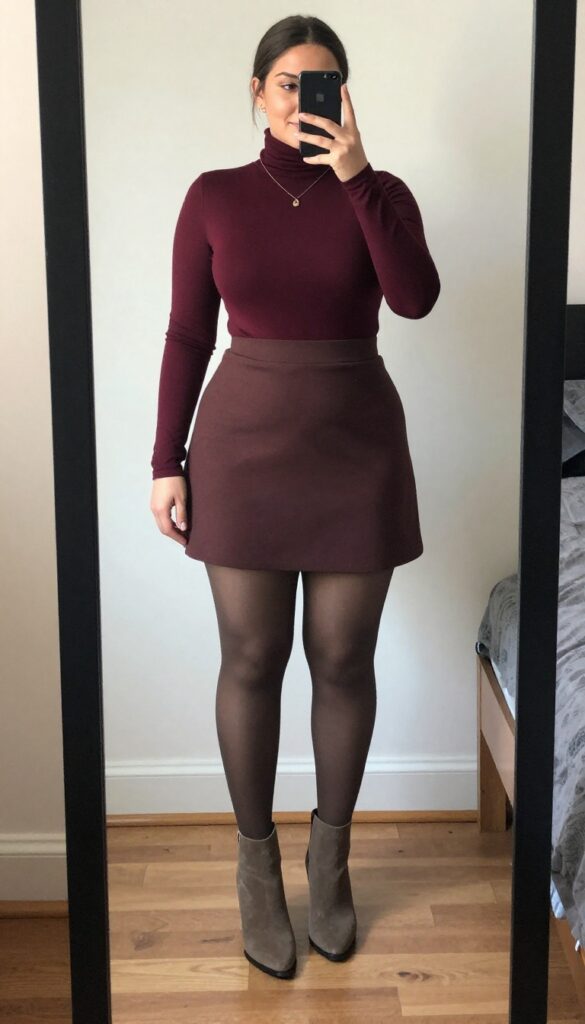 Woman in turtleneck and A-line skirt with ankle boots, mirror selfie, neutral background