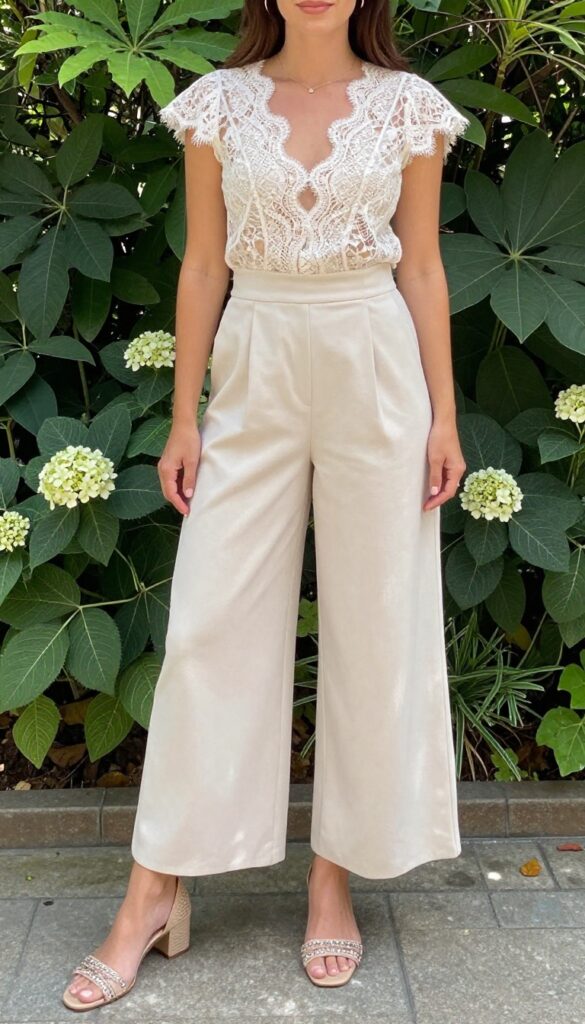 Woman in tailored ivory jumpsuit with lace overlay in garden