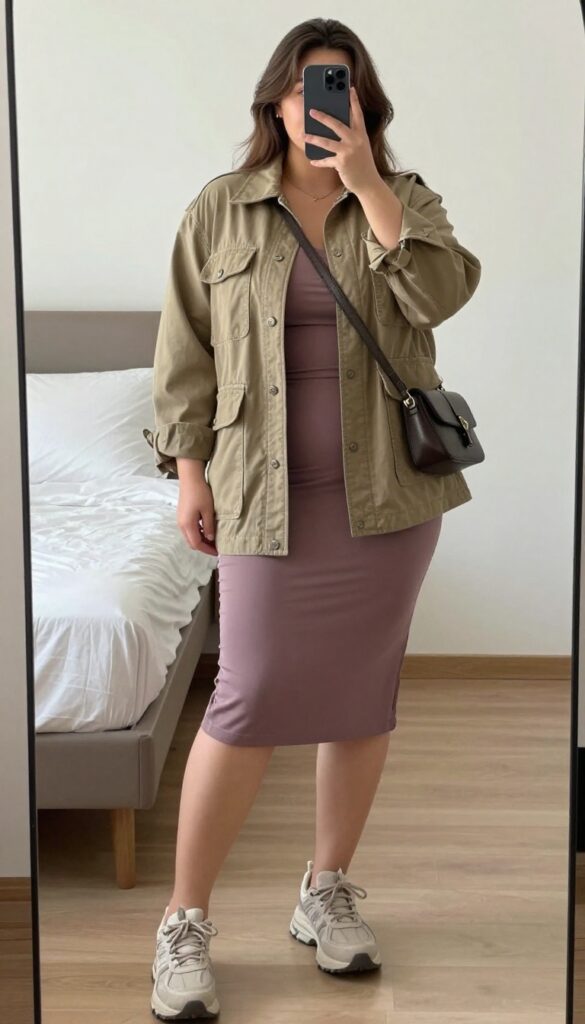A woman in a khaki utility jacket and mauve slip dress, wearing chunky sneakers and a crossbody bag, standing in a casual setting.