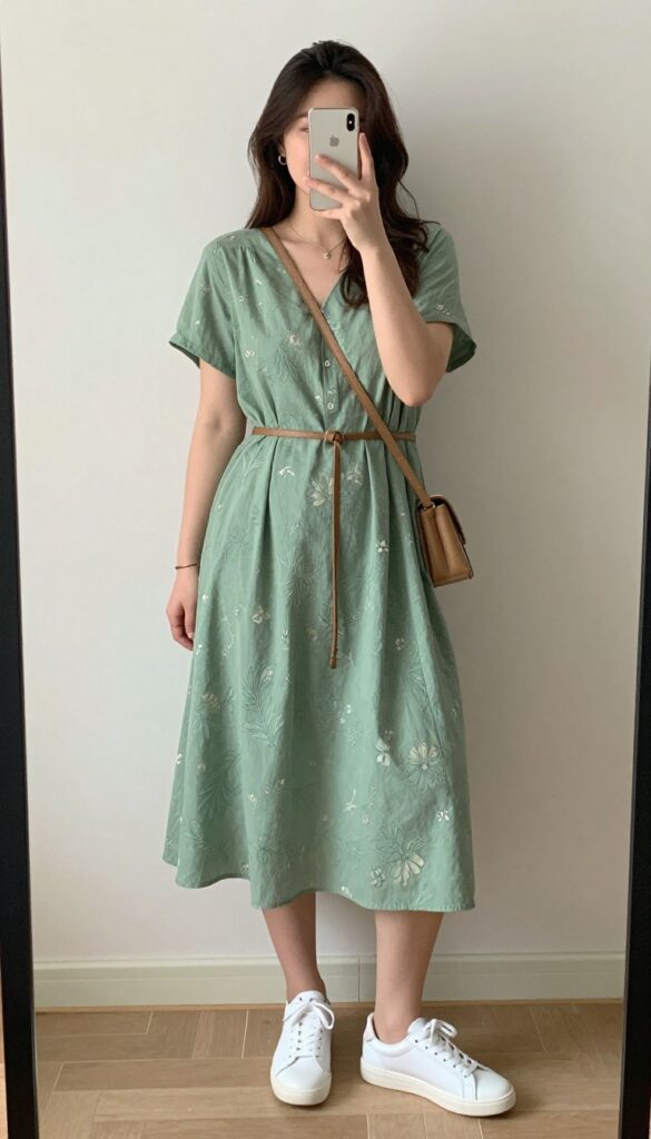 A woman takes a mirror selfie wearing a flowy midi dress with white sneakers, a thin belt, and a crossbody bag, showcasing a casual first date outfit.