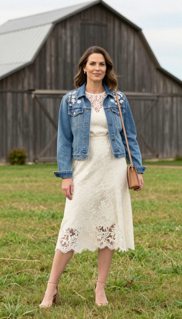Woman in ivory lace midi dress and cropped denim jacket with floral embroidery, nude sandals, tan crossbody bag, standing in grassy field near barn.