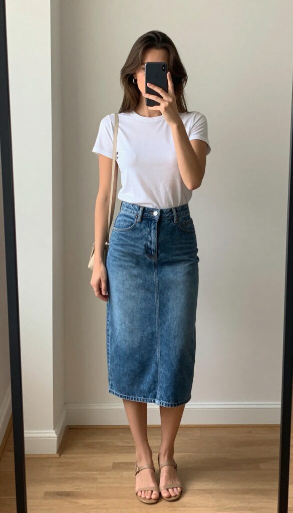 A woman in a blue denim skirt and white t-shirt poses in a mirror selfie, wearing neutral strappy heels, with a phone partially covering her face.