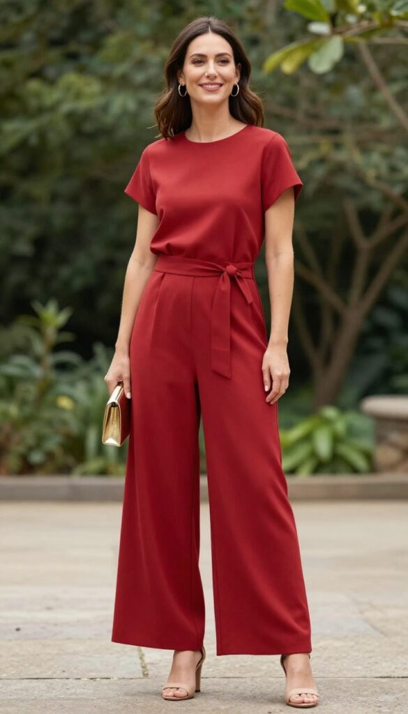 Woman in red wide-leg jumpsuit at garden wedding