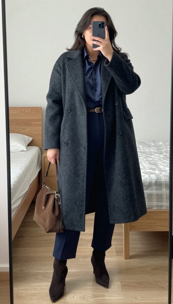 Woman in monochrome textured layers: wool coat, silk shell, pleated trousers, heeled boots, tonal accessories.