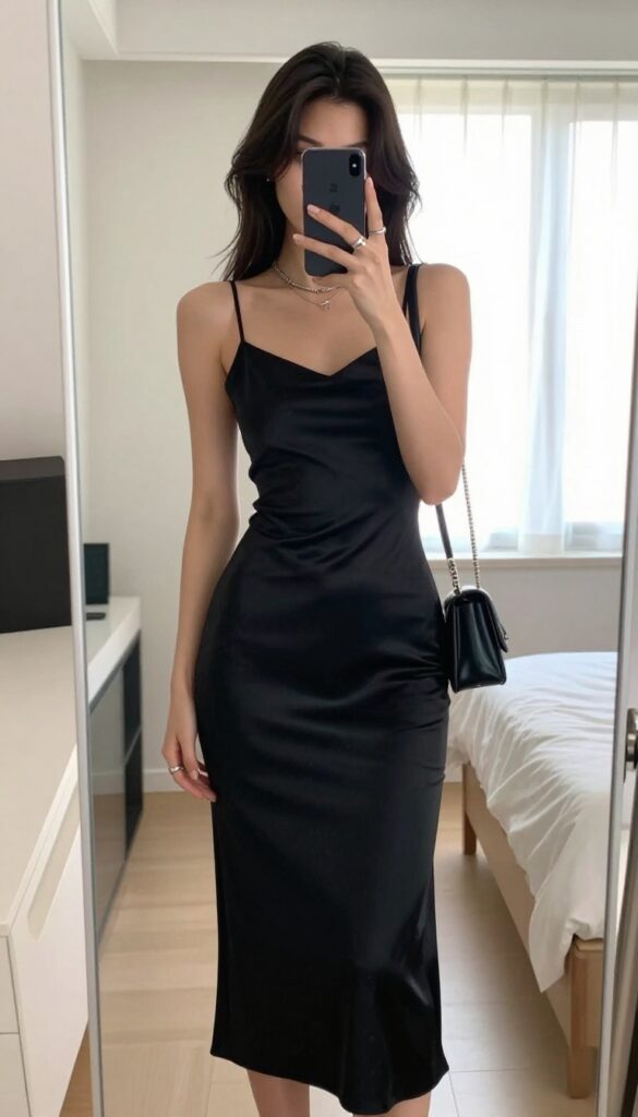 Woman in a black slip dress and chunky sandals taking a mirror selfie, showcasing a dark feminine summer outfit.