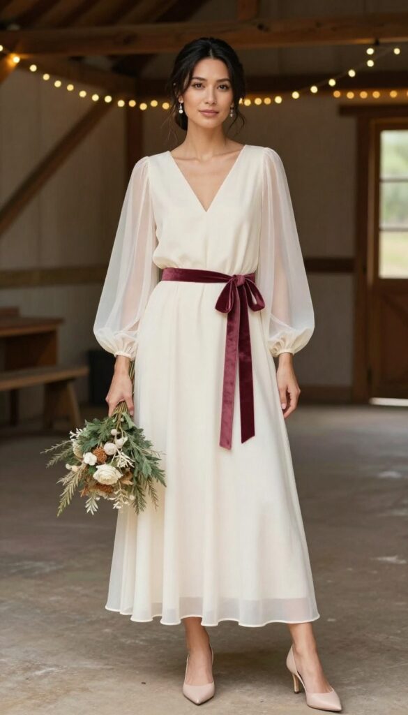 Woman in ivory wedding dress with sheer bishop sleeves and velvet ribbon belt in rustic barn