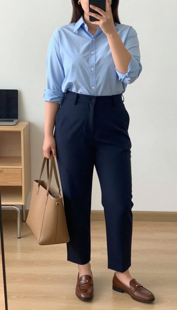 Sky blue button-down shirt tucked into navy trousers, with brown loafers and tan tote bag, in a mirror selfie.