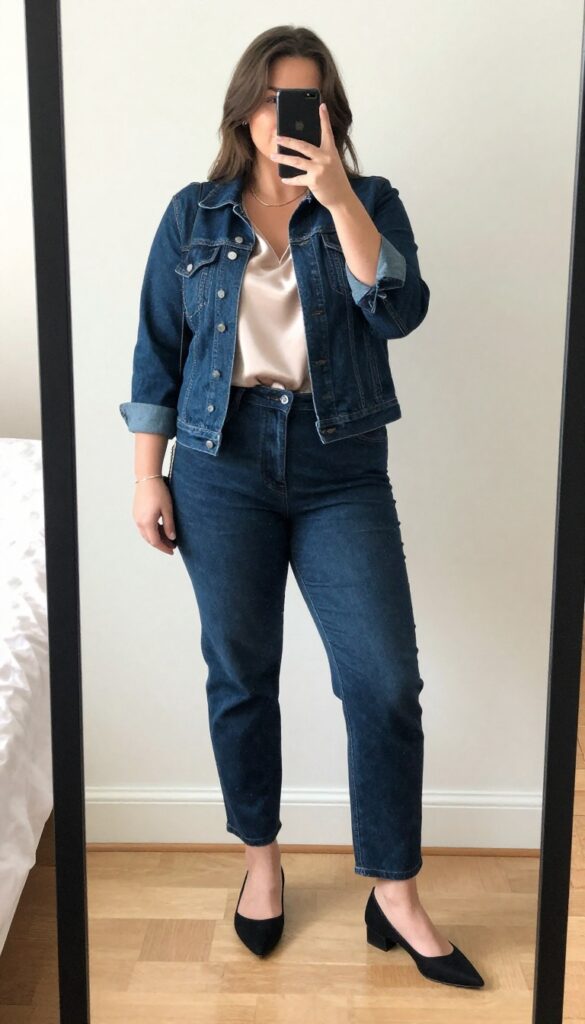 A woman in a dark denim jacket, silky blouse, and tailored pants, standing in a bright office setting, holding a structured tote.