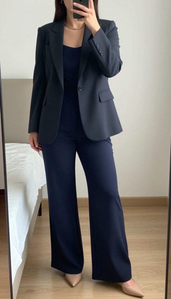 A woman in a navy jumpsuit and charcoal blazer, posing in a mirror selfie, partially covering her face with a phone.