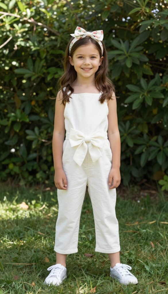 Child in white jumpsuit with floral bow at waist, sparkly sneakers, and floral headband in garden