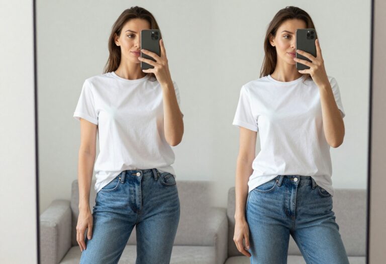 Mom and son wearing matching white t-shirts and blue jeans, posing for a mirror selfie in a bright, casual home setting.