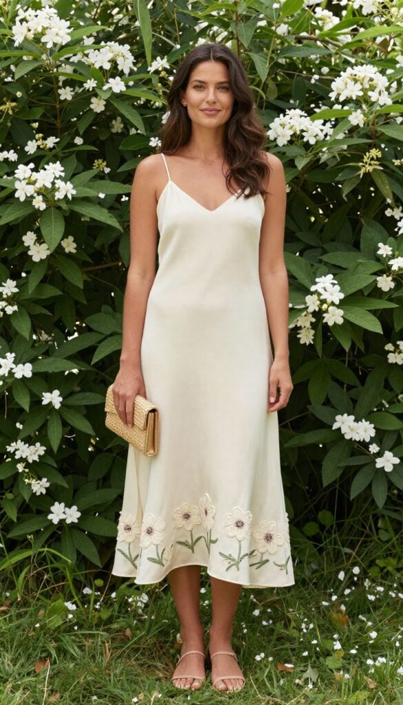 Woman in cream slip dress with floral embroidery, nude sandals, and woven clutch in garden