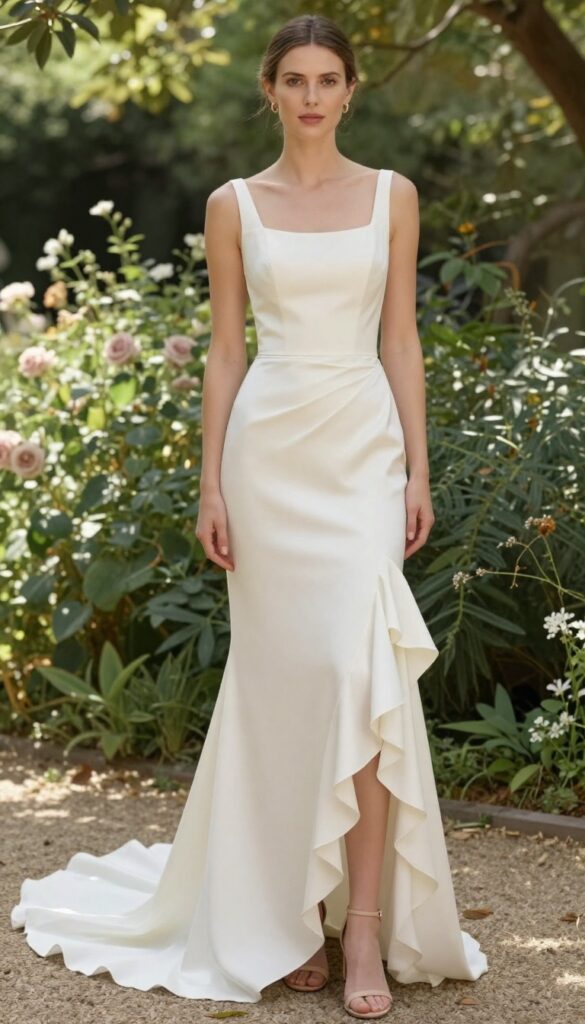 Woman in ivory silk wedding dress with asymmetric ruffled hem, standing in sunlit garden