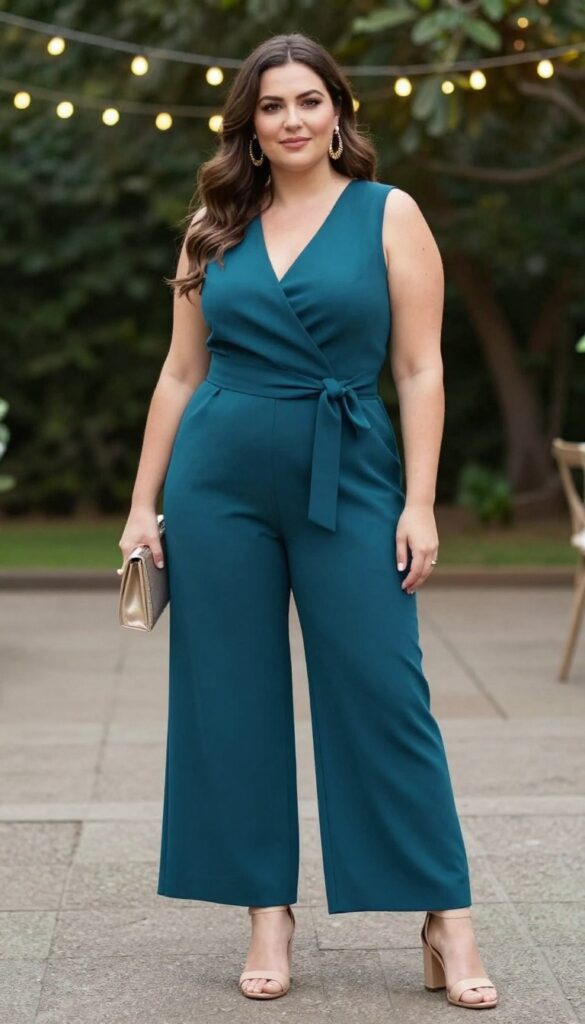 Plus-size woman in deep teal wide-leg jumpsuit with belt at outdoor evening wedding