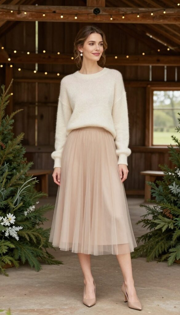 Beige tulle skirt with cream cashmere sweater, pearl earrings, nude pumps, rustic barn setting