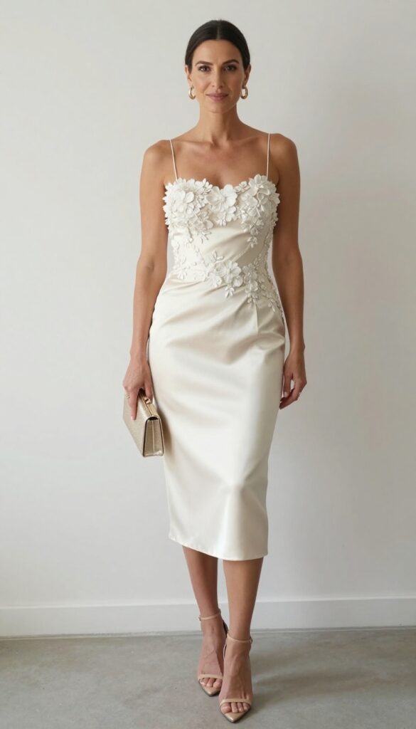 Adult woman in her 30s wearing a champagne satin sheath dress with floral beading, gold hoop earrings, and metallic clutch, standing in an elegant indoor setting with soft lighting, natural pose, smiling.