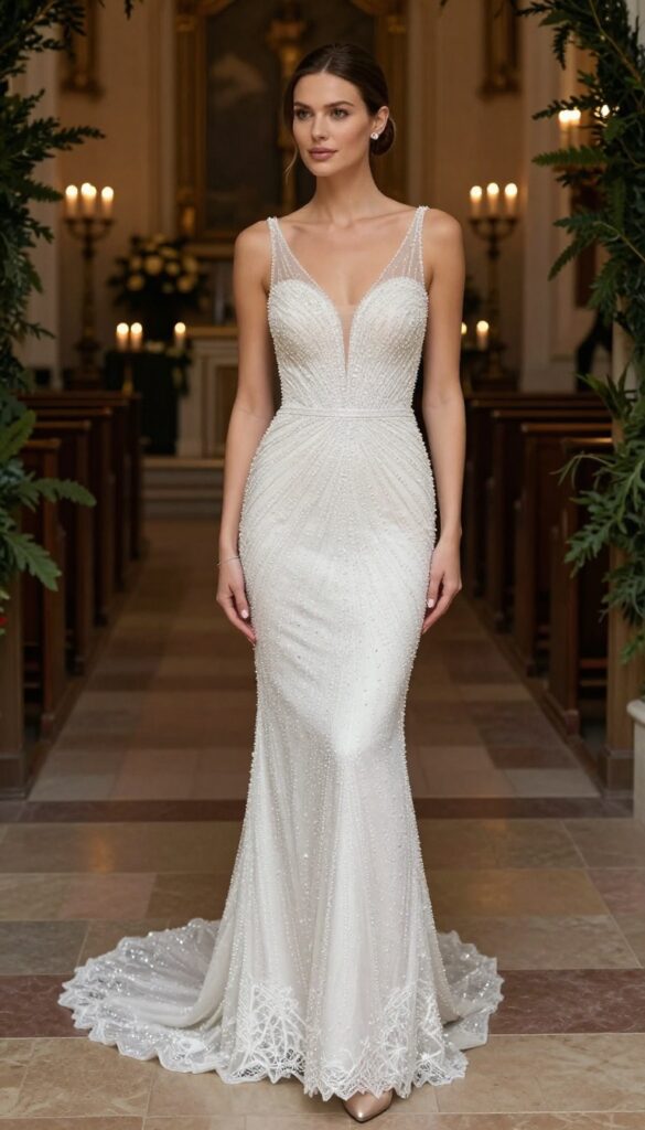 Woman in beaded bodycon wedding dress with cathedral train in church aisle