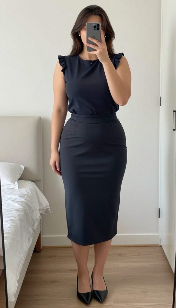 A woman in a sleeveless blouse with ruffle detail tucked into a navy A-line skirt, wearing pointed-toe flats and minimal jewelry, standing confidently in an office setting.