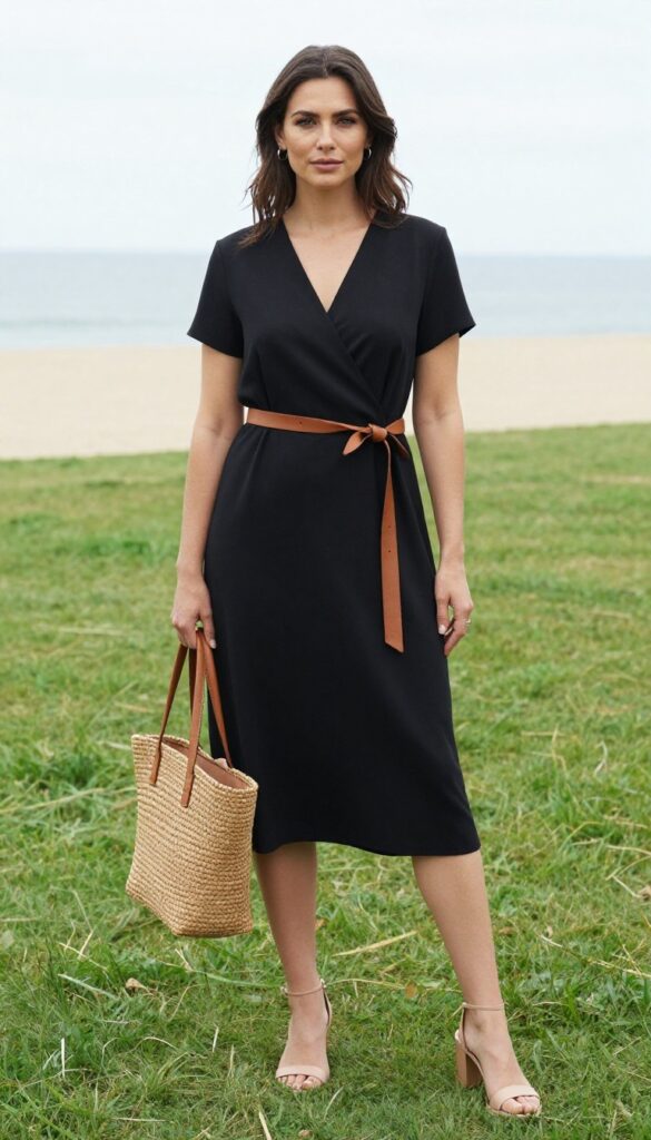 Woman in black wrap dress with wide tan belt, nude sandals, and woven tote at beach wedding