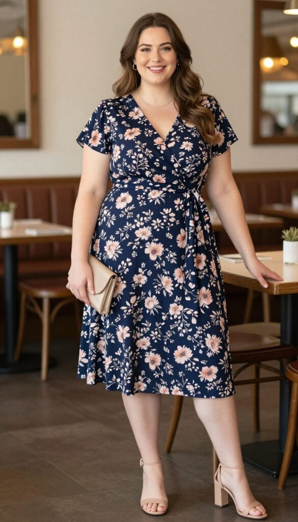 Plus-size woman in floral wrap dress with strappy sandals, holding clutch, smiling in restaurant