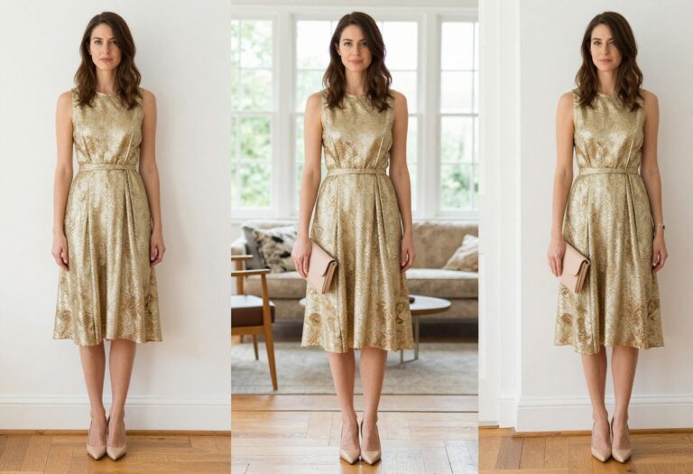 Woman in gold brocade midi dress with nude heels and clutch, standing in a bright living room.