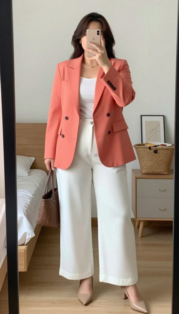A woman in a coral blazer and white wide-leg trousers, posing in a mirror selfie in a bedroom, partially covering her face with her phone.