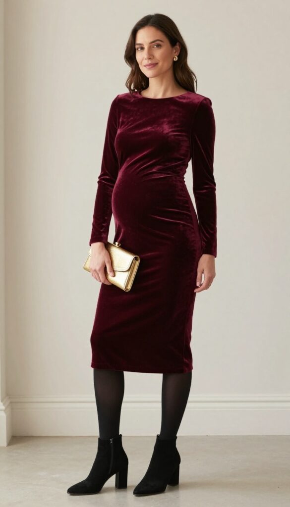 Pregnant woman in burgundy velvet empire-waist dress, black tights, ankle boots, gold clutch, at indoor wedding venue