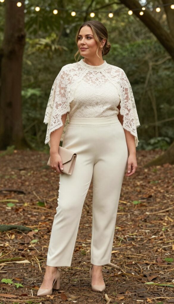 Woman in high-neck lace jumpsuit with cape back in forest