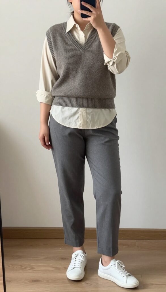 Woman in sweater vest and button-down shirt with tapered trousers and derbies