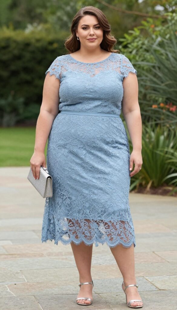 Plus-size woman in dusty blue lace sheath dress with open back, silver heels and clutch, standing in sunlit garden.