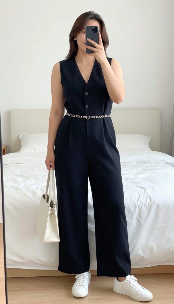 Model in vest and wide-leg jumpsuit with sneakers, taking a mirror selfie in bedroom, phone partially covering face.