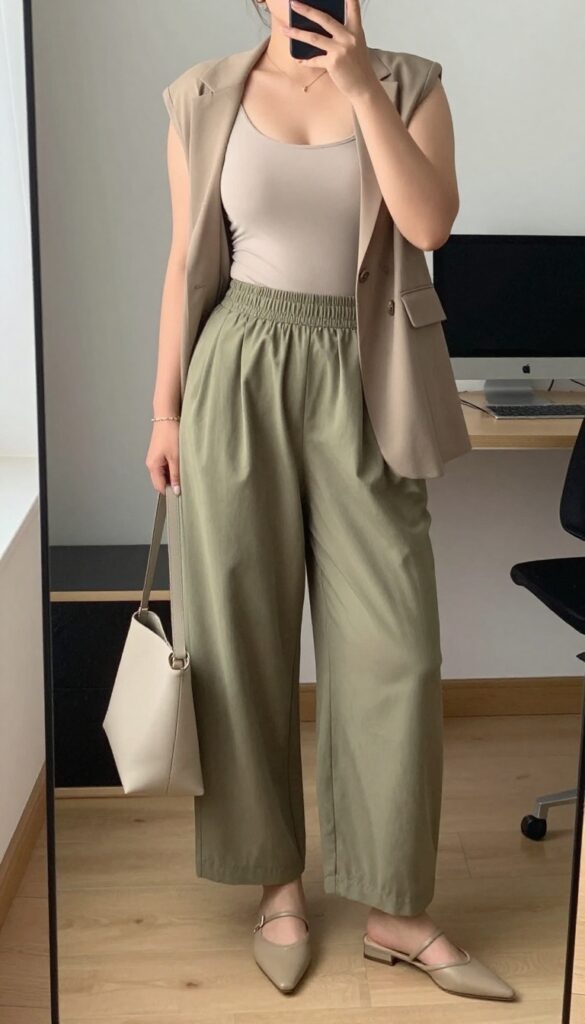 Woman in cropped blazer, bodysuit, and flowy culottes, standing in a bright office or urban setting
