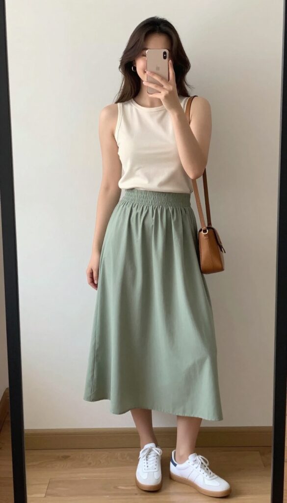 A woman in a cream tank top and sage green A-line midi skirt, white sneakers, and tan crossbody bag, taking a mirror selfie in a bright, modern room.