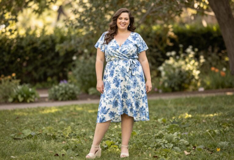 Plus size woman in floral wrap dress and espadrille wedges standing in garden