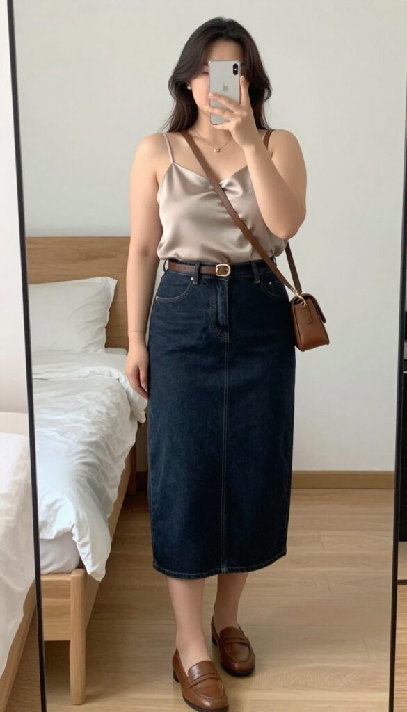 Woman in denim midi skirt and silk camisole with loafers, taking a mirror selfie in bedroom, phone partially covering face.