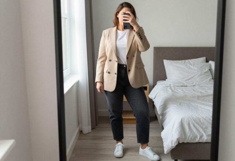 Woman in beige blazer and jeans taking a mirror selfie in bedroom