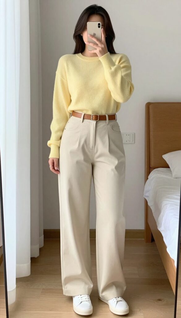 Woman in pastel yellow sweater and cream wide-leg pants, tucked with belt, white sneakers, mirror selfie.