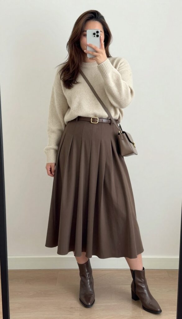 Woman in cashmere sweater, midi skirt, and ankle boots, posing in mirror selfie.