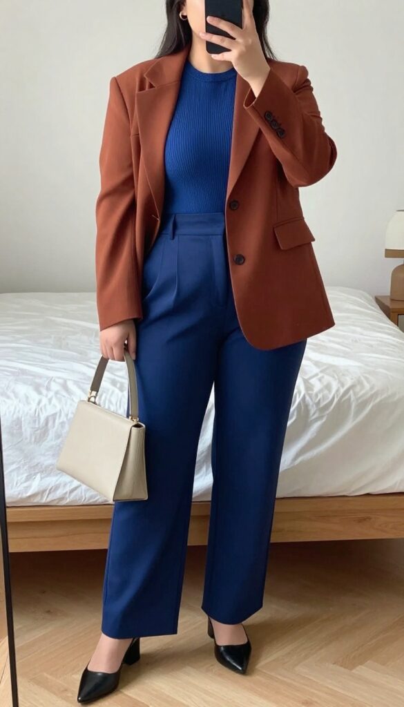 Plus size woman in oversized cobalt blazer, neutral bodysuit, and pleated trousers, posing in mirror selfie