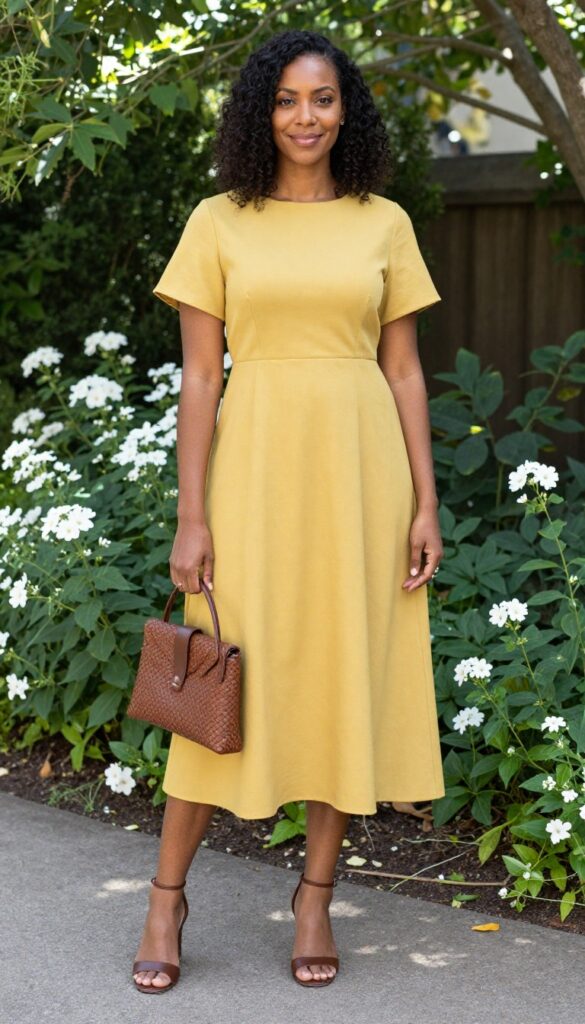 Dark-skinned woman in mustard yellow A-line dress with brown accessories at outdoor wedding