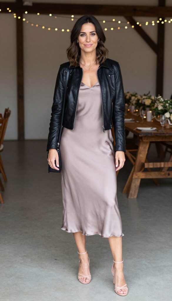 Woman in mauve slip dress and black leather jacket at rustic barn wedding