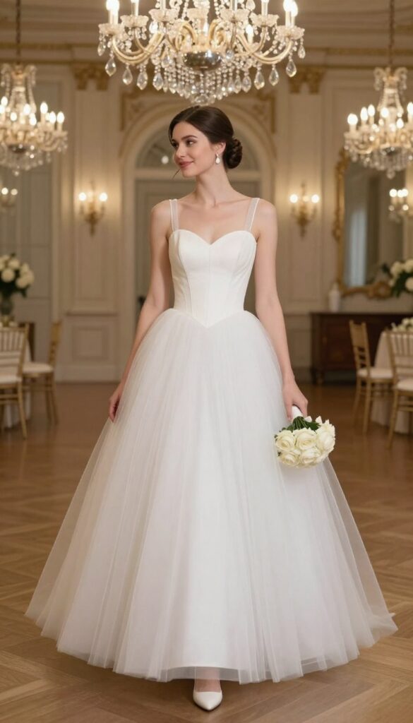 Classic ball gown wedding dress with corset bodice and tulle skirt