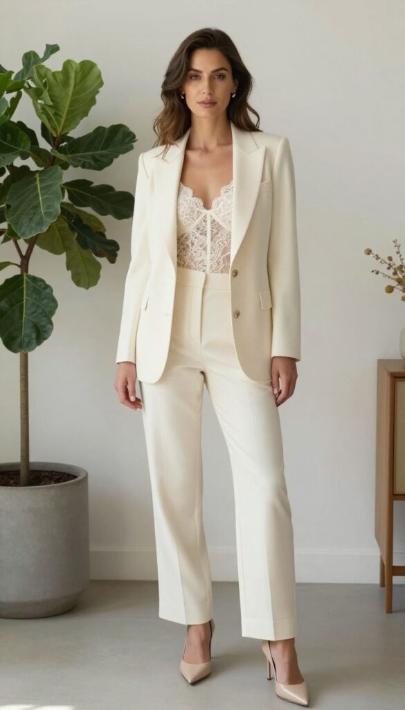 Modern bride in ivory pantsuit with lace bodysuit, nude heels, and gold earrings in sunlit room