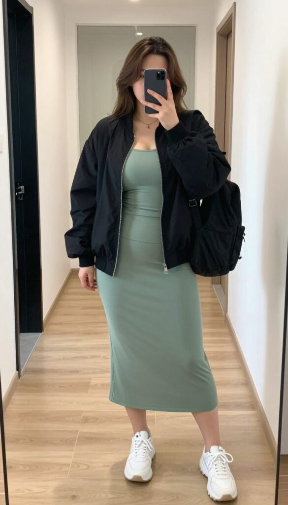 Plus-size woman in a flowy sage green workout dress with built-in shorts, white sneakers, and a black bomber jacket, taking a mirror selfie in a bright gym.